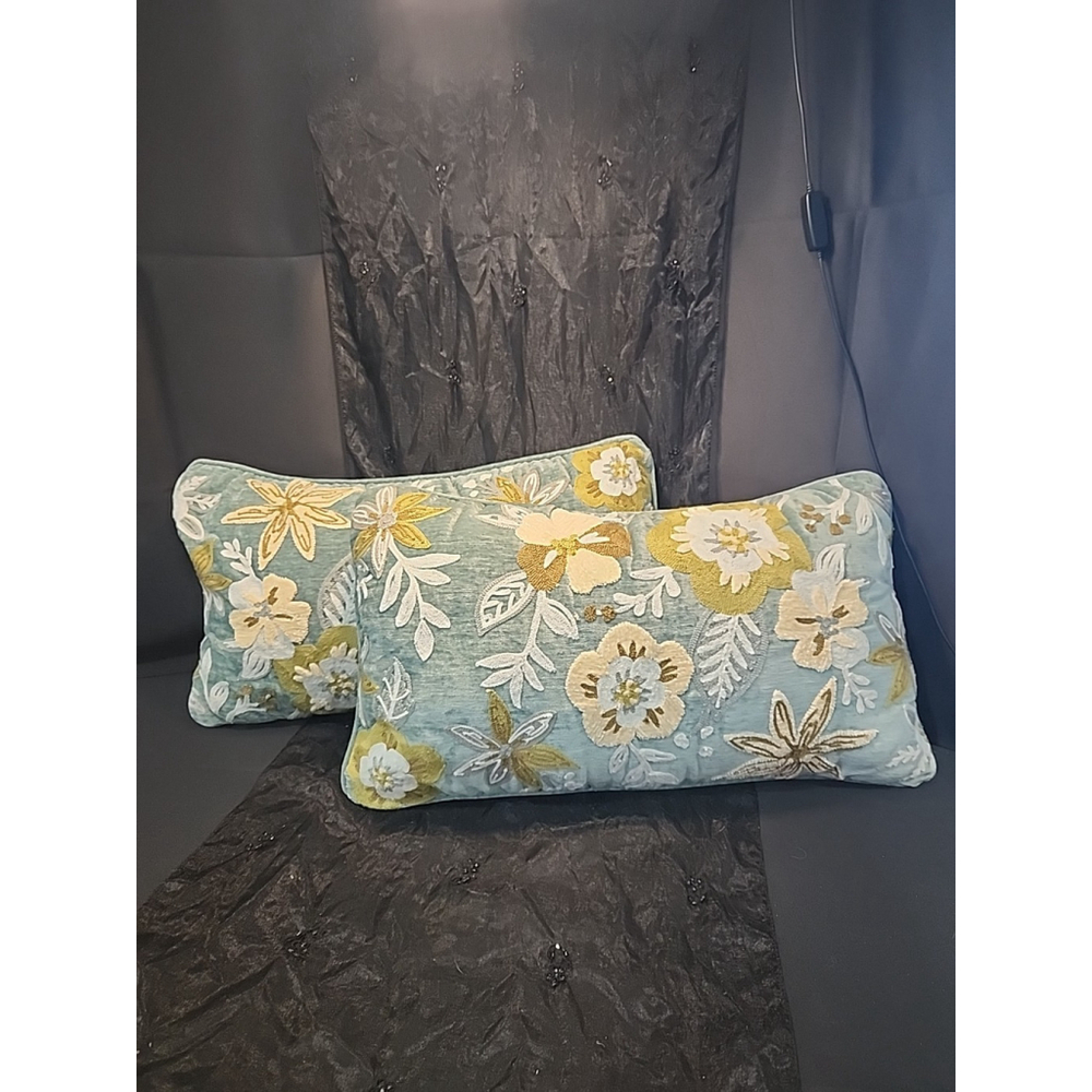 Aqua Velour Throw Pillows Set of 2 Embroidered 24x14 - Picture 1 of 6